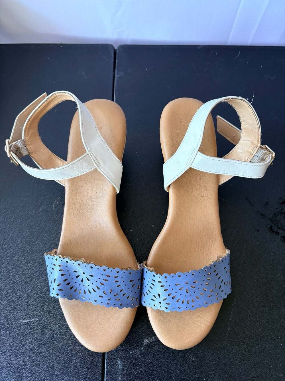 XOXO Seebee Wedge Sandal Size 7M Blue White Cork